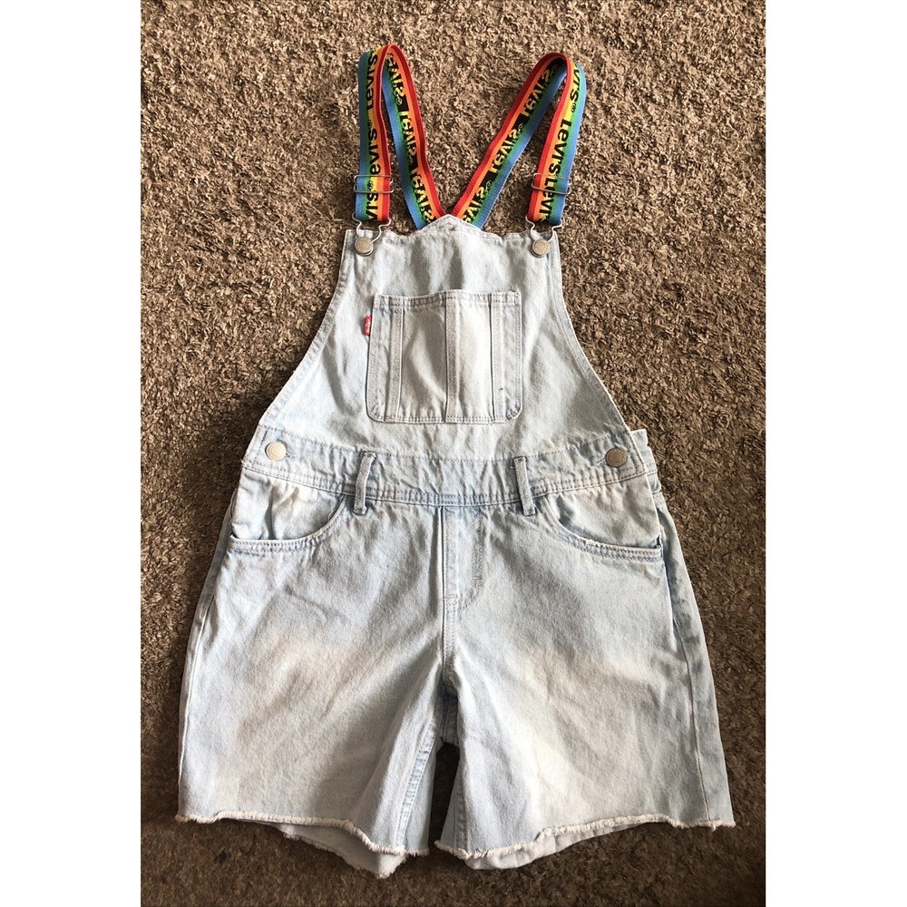 Levis Short Overalls Rainbow Straps Light Wash Y2K Overall Shorts Girls 12 Reg